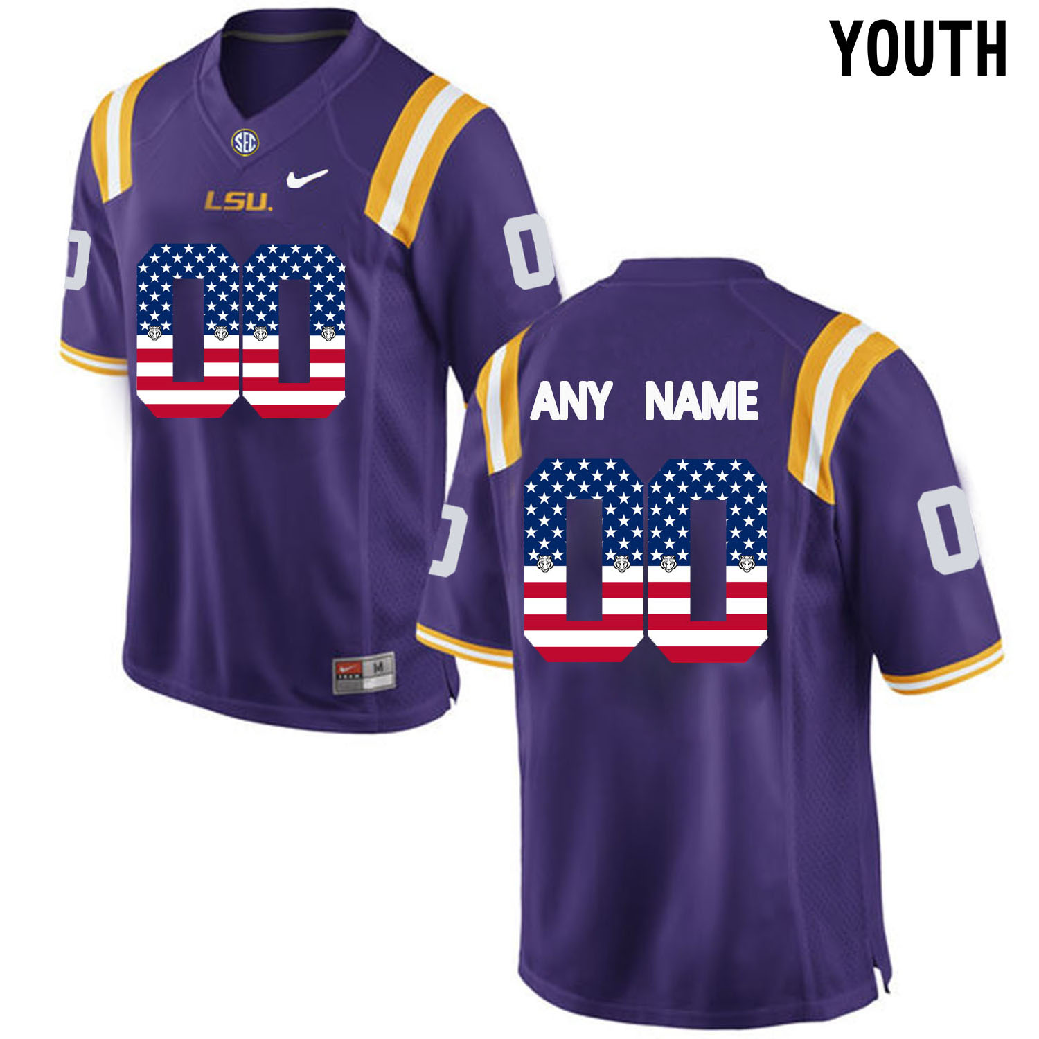 US Flag Fashion  Youth LSU Tigers Customized College Football Limited Jersey  Purple